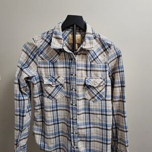 Levi’s Western Pearl Snap Shirt Womens Medium Blue Plaid Flannel Long Sleeve